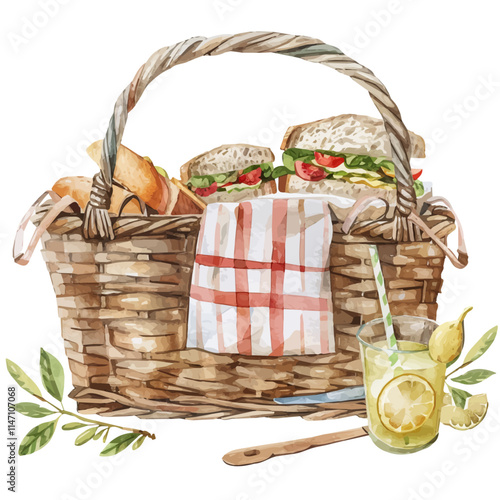 A watercolor drawing of a picnic basket with sandwiches and lemonade, isolated on a white background. Picnic basket sandwiches lemonade vector.
