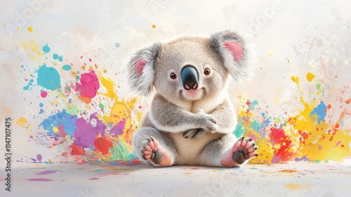 Cute koala surrounded by colorful paint splashes photo