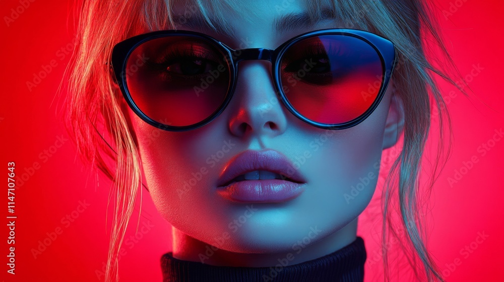 Stylish woman with bold sunglasses and neon lights Stylish woman with bold sunglasses and neon lights