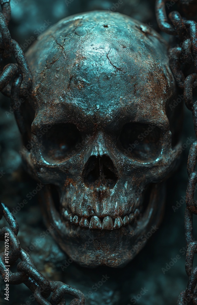 Dark and detailed close-up of a realistic skull adorned with a rusty chain in a mysterious setting highlighting Dark and detailed close-up of a realistic skull adorned with a rusty chain in a mysterious setting highlighting
