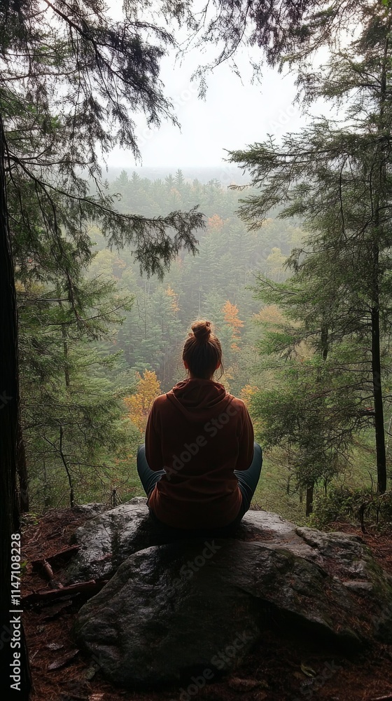 Contemplative moment on a rocky outcrop in the forest during golden hour with a peaceful atmosphere and stunning Contemplative moment on a rocky outcrop in the forest during golden hour with a peaceful atmosphere and stunning