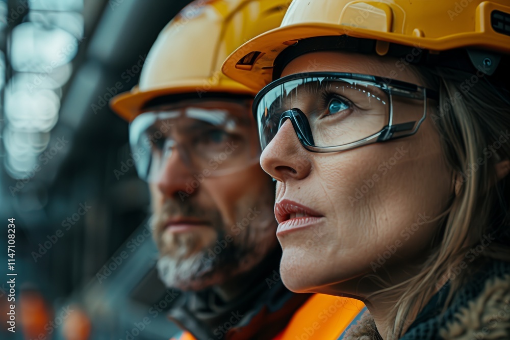 Two professionals in hard hats and safety glasses discuss project safety at a construction site. Two professionals in hard hats and safety glasses discuss project safety at a construction site.