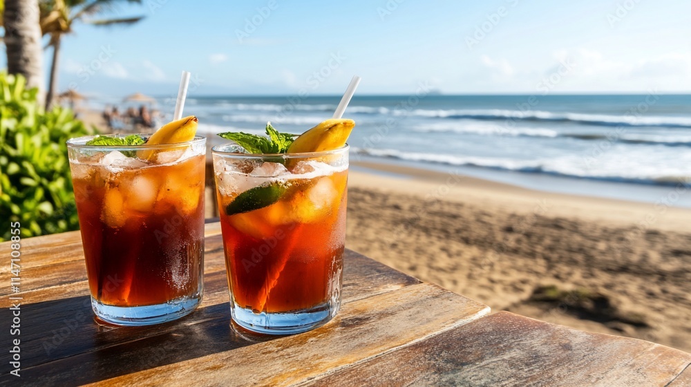 Two refreshing cocktails on a beachside table with ocean view. Two refreshing cocktails on a beachside table with ocean view.