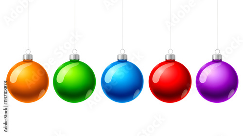 set of colorful christmas balls hanging on white background, perfect for holiday decorations, festive celebrations, or seasonal design themes 