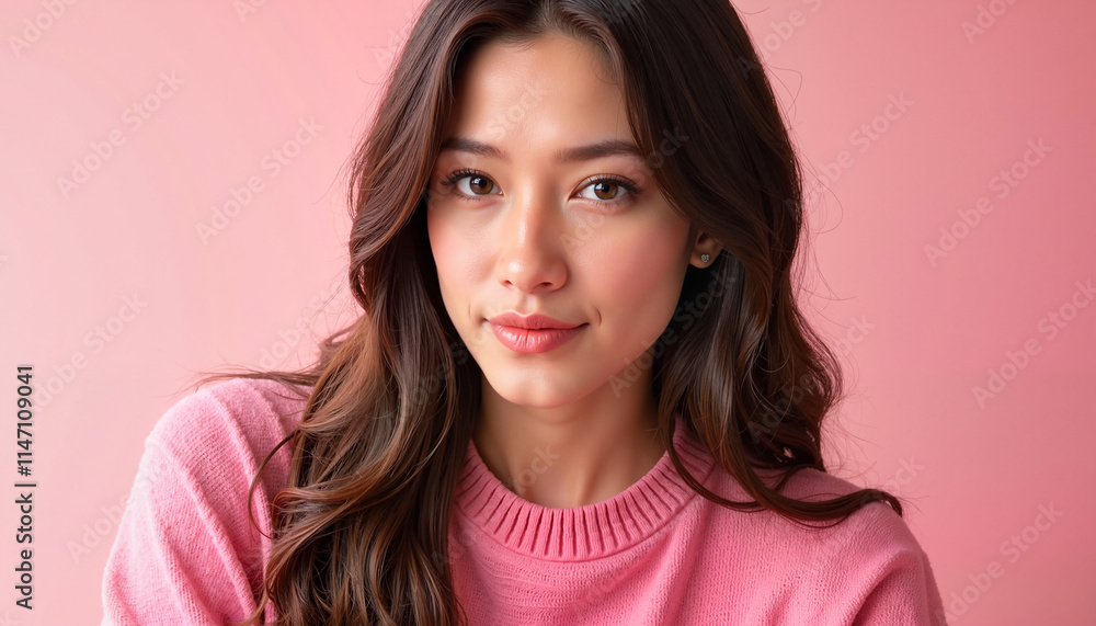 Close-up portrait of a young woman with long hair wearing a pink sweater against a soft pink background, showcasing beauty and confidence, copy space Close-up portrait of a young woman with long hair wearing a pink sweater against a soft pink background, showcasing beauty and confidence, copy space