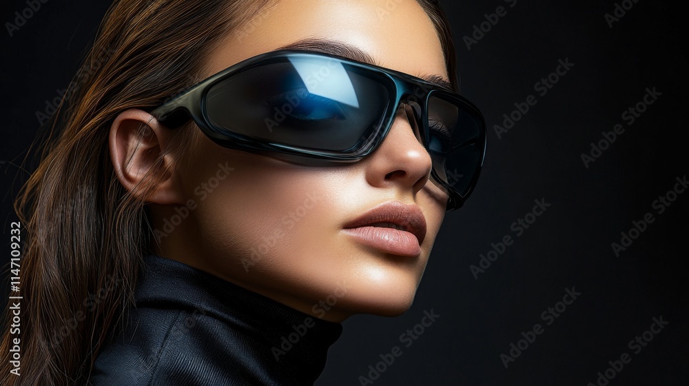 Close-up portrait of a stylish woman wearing futuristic sunglasses Close-up portrait of a stylish woman wearing futuristic sunglasses