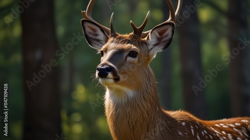 Close-up of a spotted deer with antlers in a forest setting.