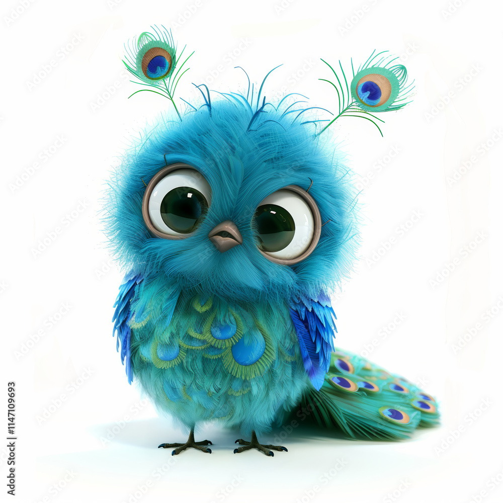 Obraz premium Adorable Blue Peacock Chick: A 3D Rendered Cartoon Bird isolated on white background