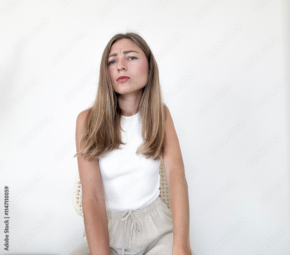Young woman sitting on chair in minimalist setting with thoughtful expression Young woman sitting on chair in minimalist setting with thoughtful expression