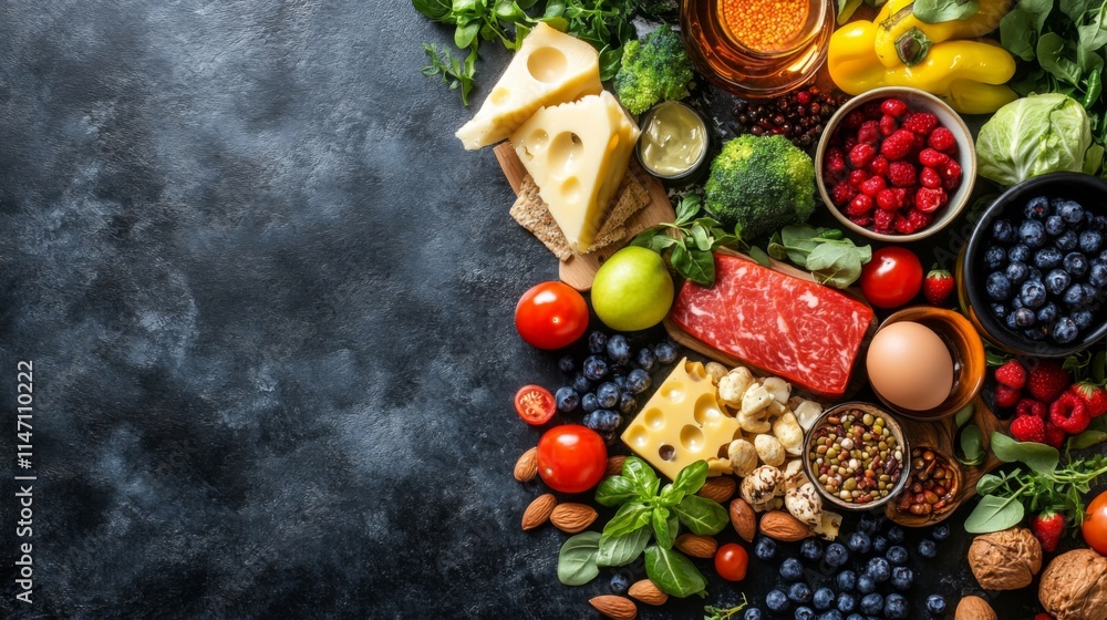 Flat lay of fresh vegetables fruits and herbs on a dark background Flat lay of fresh vegetables fruits and herbs on a dark background