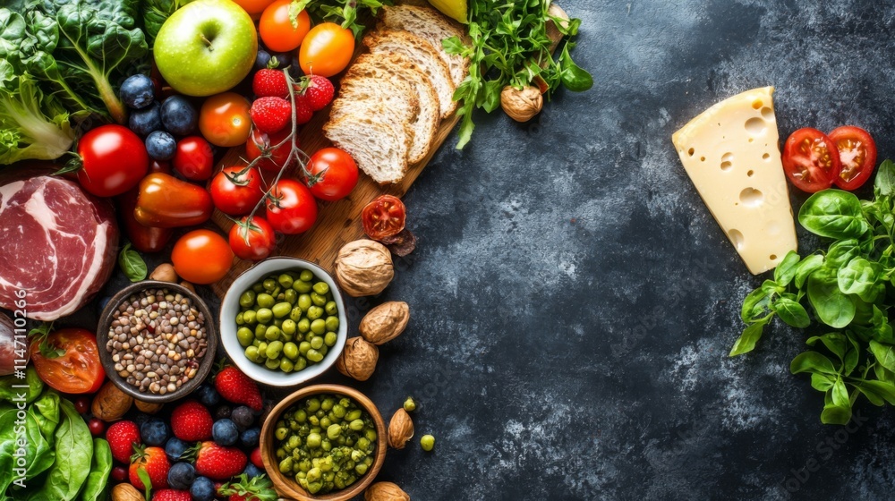 Colorful variety of vegetables and fruits on a rustic background Colorful variety of vegetables and fruits on a rustic background