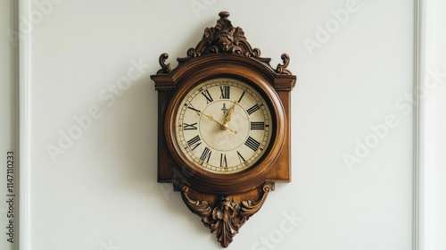 Antique wooden wall clock with Roman numerals on a white wall.