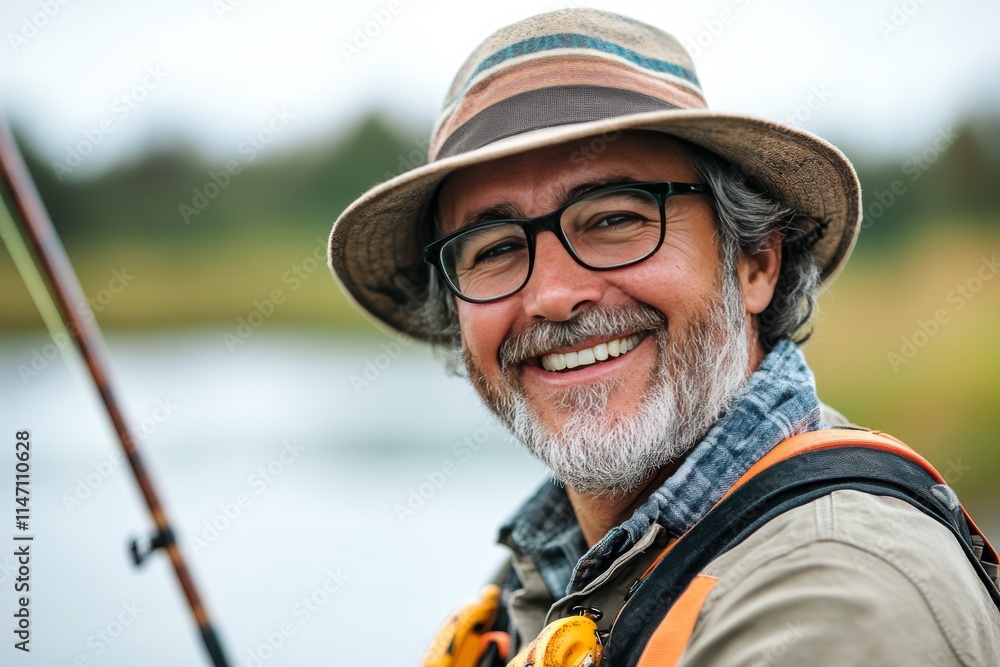 Obraz premium Smiling fisherman prepares for a day on the lake with fishing gear and a backpack in a serene outdoor setting