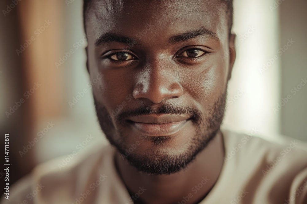 Happy african man looking at camera indoors at home Focus on his face Happy african man looking at camera indoors at home Focus on his face