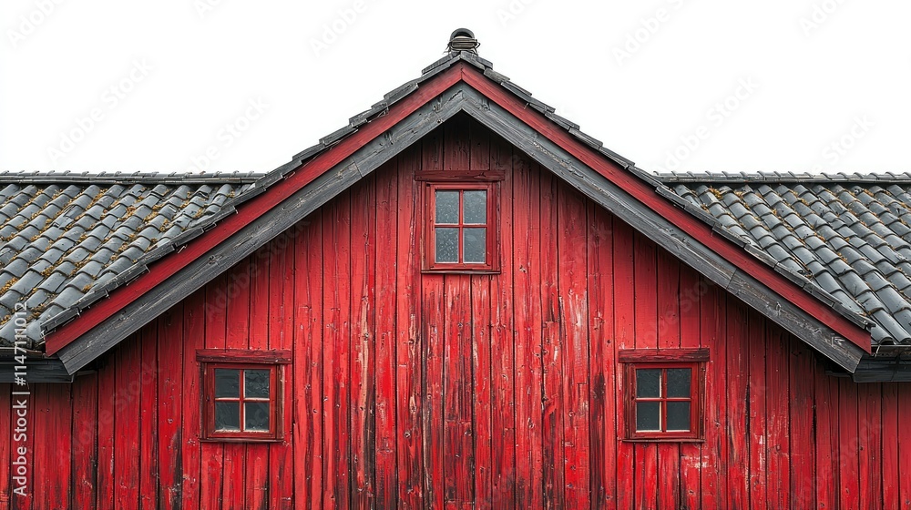 A close-up view of a red wooden house with a sloped roof and small windows. A close-up view of a red wooden house with a sloped roof and small windows.
