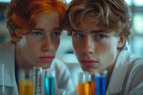 Two young scientists focused on their experiment, surrounded by colorful test tubes in a lab setting. photo