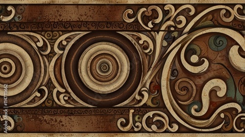 Ornate brown swirls, circles, and vintage design.