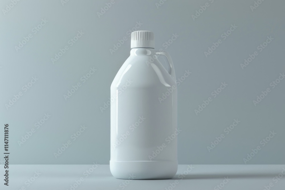 White plastic bottle with a handle and white cap is standing on a gray background White plastic bottle with a handle and white cap is standing on a gray background