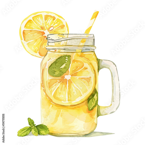 A watercolor vector of refreshing summer lemonade in a mason jar, isolated on a white background. Lemonade mason jar vector.
