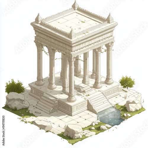 Sacred White Temple: Isometric Sketch of Majestic Columns and Intricate Carvings in a Peaceful Landscape photo