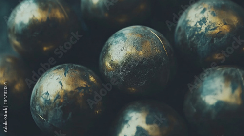 closeup of old metallic steel balls with rust texture in dark industrial background setting

