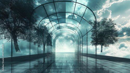  futuristic glass tunnel with surreal trees and cloudy sky in dreamlike fantasy environment


