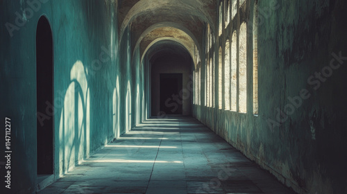 abandoned old corridor with arched windows and mysterious dark shadows in vintage empty building  