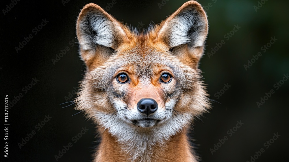 Fototapeta premium Close-up portrait of a coyote facing the camera against a dark background.