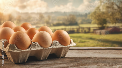 Egg carton filled with clean, brown organic eggs placed on a rustic wooden surface, with farm scenery softly blurred in the background, promoting natural nutrition  photo