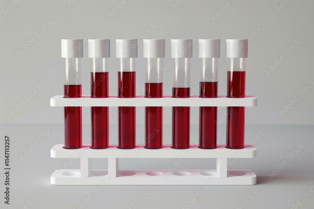 Eight test tubes containing decreasing amounts of blood samples are displayed on a white rack in a laboratory setting, suggesting a scientific analysis or experiment Eight test tubes containing decreasing amounts of blood samples are displayed on a white rack in a laboratory setting, suggesting a scientific analysis or experiment