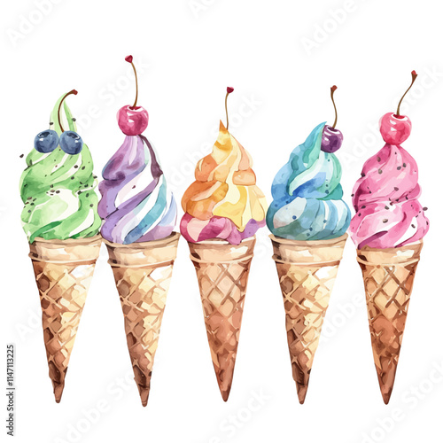 A watercolor painting of a row of colorful ice cream cones with toppings, isolated on a white background. Ice cream cones with toppings vector.
