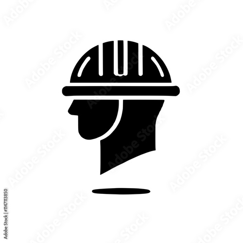 Construction Worker Icon: A simple, bold icon of a person wearing a hard hat, representing construction workers, safety, and industry. This black and white illustration is ideal for websites, apps.