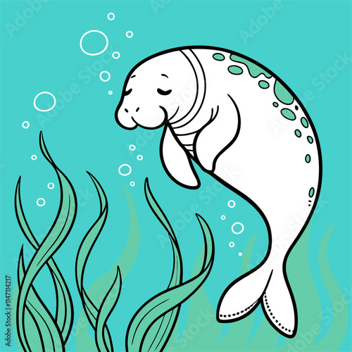 Cute Cartoon Manatee Illustration - Coloring Page, Kids, Teal.