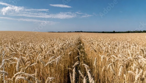 Golden Wheat Field with Ripe Grain Ready for Harvest under a Blue Sky