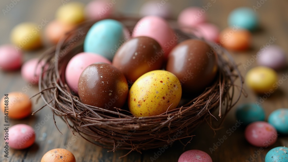 The image shows a nest filled with colorful Easter eggs. The nest is made of twigs and is placed on a wooden surface. The eggs are of different colors - brown, pink, blue, yellow, and green. The image shows a nest filled with colorful Easter eggs. The nest is made of twigs and is placed on a wooden surface. The eggs are of different colors - brown, pink, blue, yellow, and green.