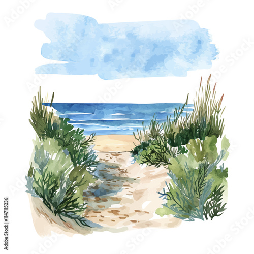 A watercolor vector of a sandy beach path leading to the ocean, isolated on a white background. Beach path vector.
