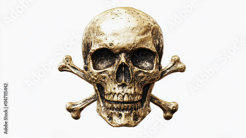 A detailed cut-out illustration of a skull with crossbones in a vibrant metallic gold hue, smooth texture, and polished surface, positioned on a clear white background for perfect separation. The skul photo