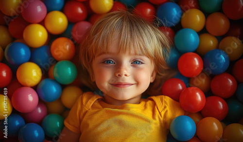 happy child lying in pile of colorful balls, top view, playroom, toys, pool full of balloons