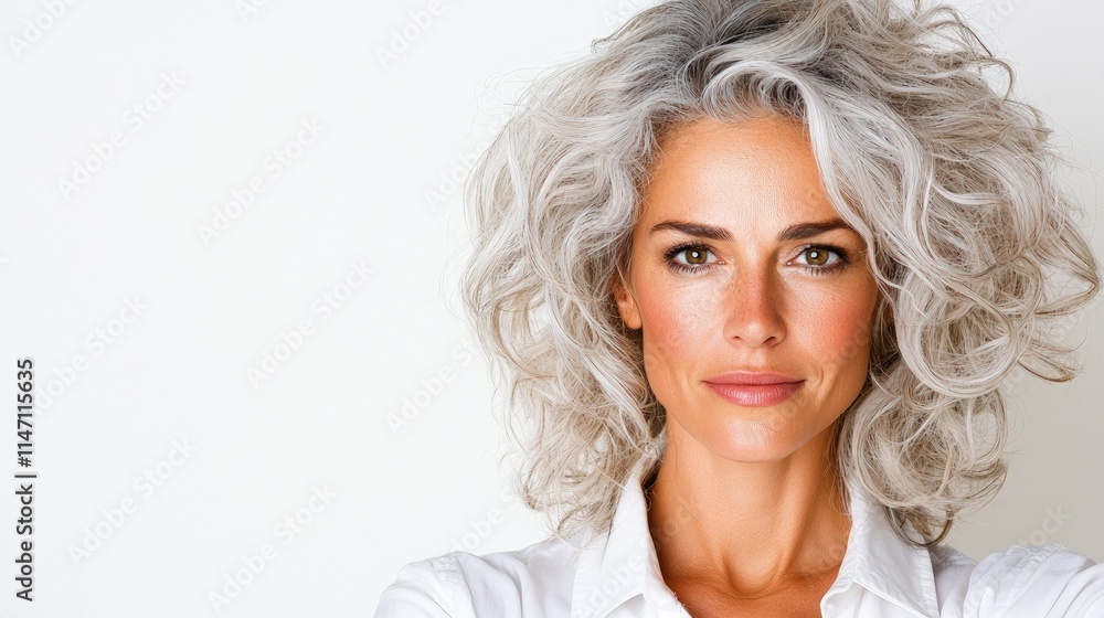 Confident mature woman with gray curly hair. Confident mature woman with gray curly hair.