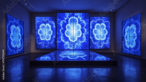 Blue digital art installation in gallery.