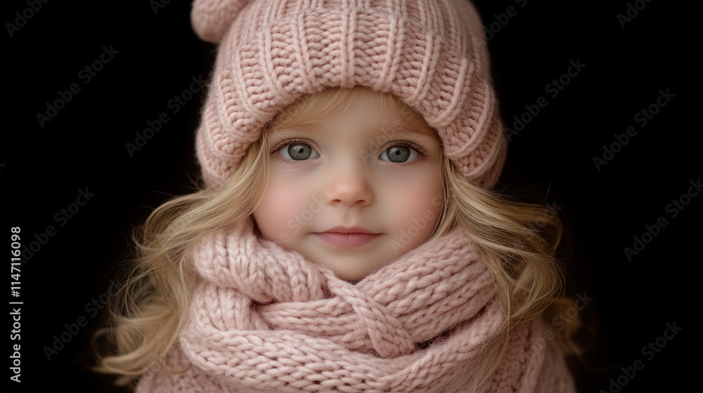 Young child in cozy pink knitwear against a dark background. Young child in cozy pink knitwear against a dark background.