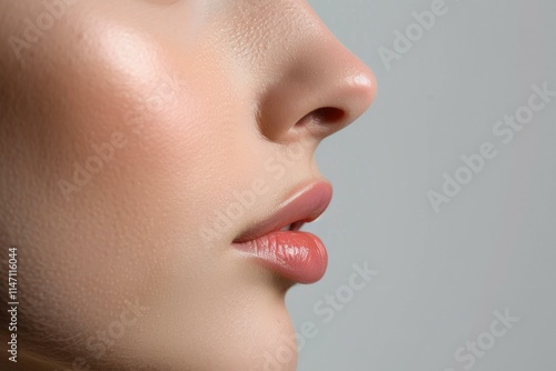 Close up profile of a woman with perfect skin and full lips, highlighting beauty and skincare photo