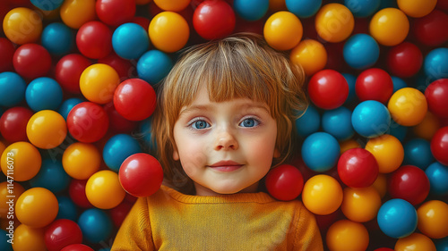 happy child lying in pile of colorful balls, top view, playroom, toys, pool full of balloons