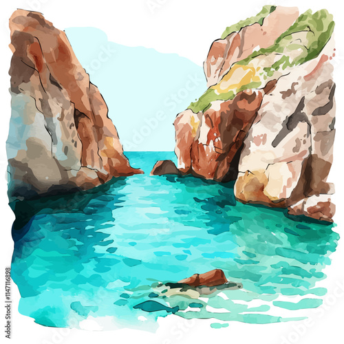 A watercolor vector of a secluded cove with turquoise waters, isolated on a white background. Cove turquoise vector.
