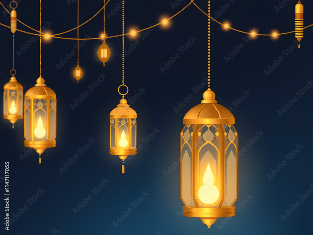 Ramadan Glow: Elegant golden lanterns illuminate a dark blue background, creating a festive and serene atmosphere perfect for celebrating Ramadan. Ramadan Glow: Elegant golden lanterns illuminate a dark blue background, creating a festive and serene atmosphere perfect for celebrating Ramadan.