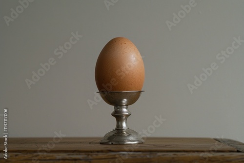 Brown chicken egg standing upright in a vintage metal egg cup on a rustic wooden table against a plain background photo