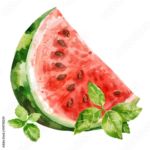 A watercolor drawing of a slice of summer watermelon with mint leaves, isolated on a white background. Watermelon slice vector.
