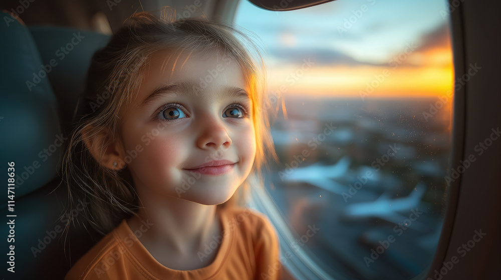 smiling child looking out of airplane window during flight, kid traveling, girl sitting in airplane seat smiling child looking out of airplane window during flight, kid traveling, girl sitting in airplane seat