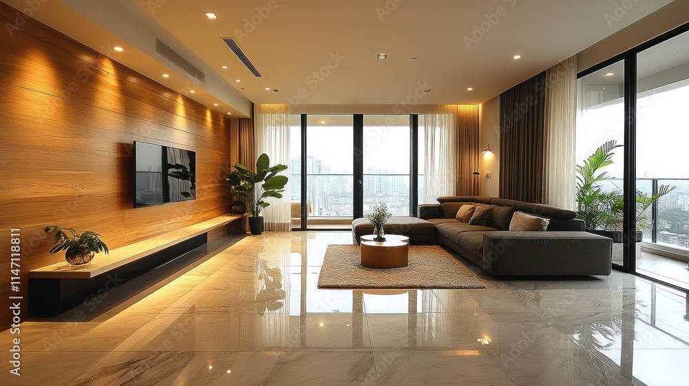 Modern living room with elegant design and city view.