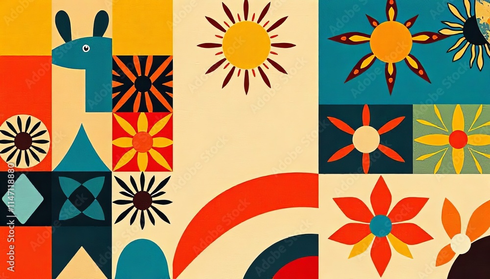 Obraz premium Vibrant Geometric Design with Sun and Flower Motifs
